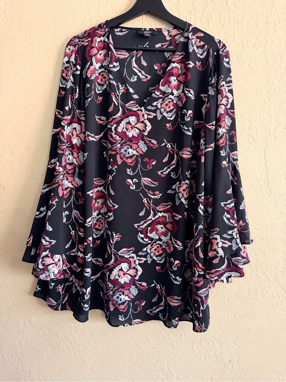 Alfani Black Floral V-Neck Tunic with Pink and White Blossoms
